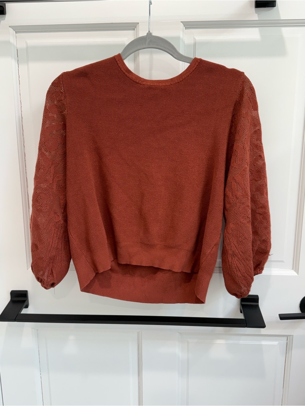 Adrianna Papell Rust Scoop Neck Knit Sweater with Lace Balloon Sleeves